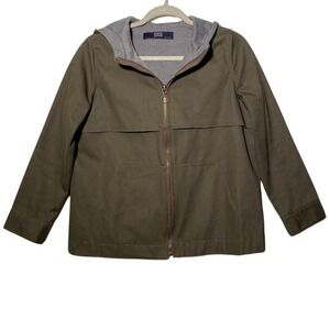 Zara‎ Z1975 Denim Olive Green Hooded Jacket Denim Zip Utility Boxy Small